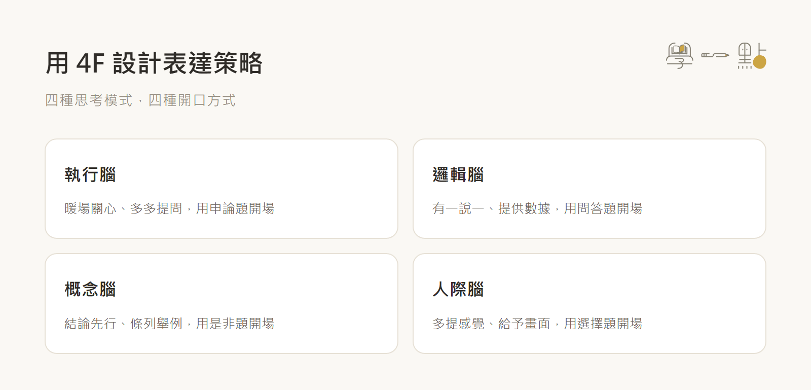 周震宇口語邏輯課重點心得,從形成觀點到設計表達策略 12 4F設計表達策略